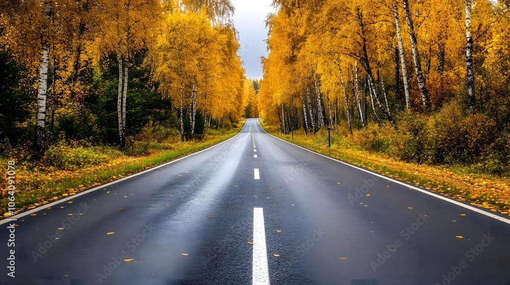 Straight road through autumn trees with yellow leaves Straight road through autumn trees with yellow leaves