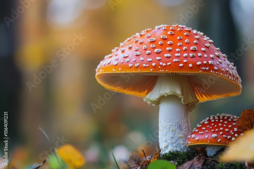 Vibrant red mushrooms with white spots amidst the autumn forest s colorful foliage photo