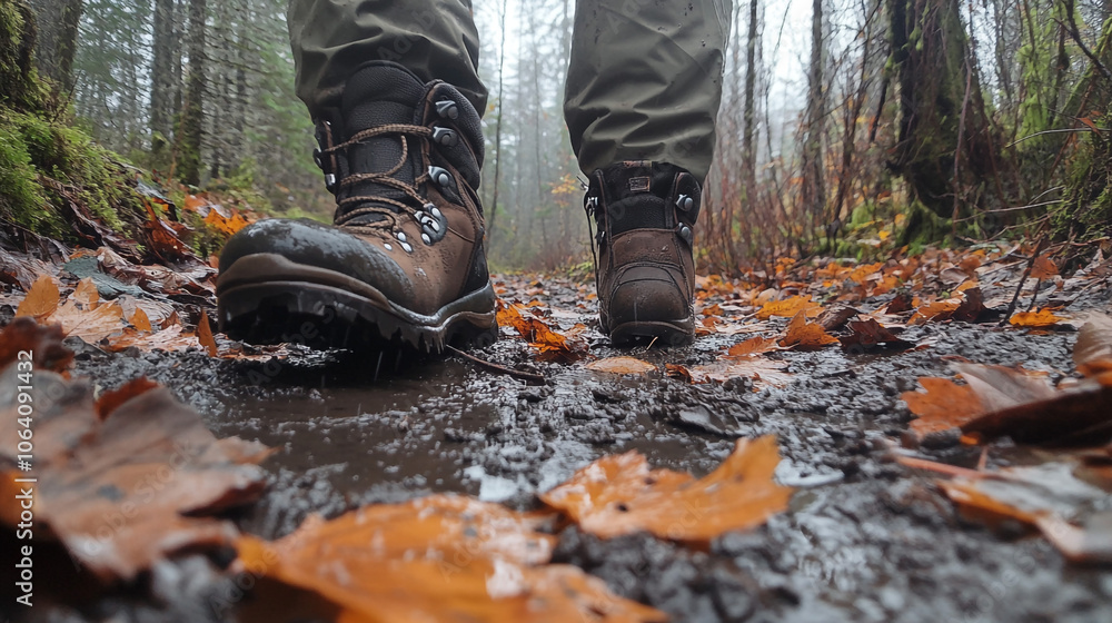 Hiking Boots in Mud and Leaves Autumn Forest Trail Hiking Boots in Mud and Leaves Autumn Forest Trail