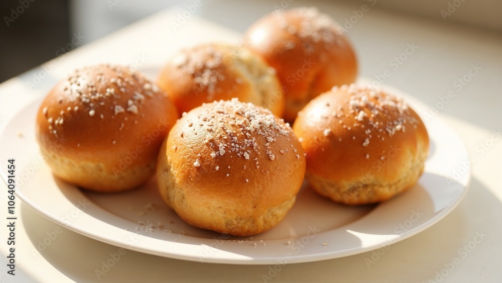 Soft, fluffy bread rolls with a sprinkle of salt resting on a white plate in warm sunlight during a morning gathering Soft, fluffy bread rolls with a sprinkle of salt resting on a white plate in warm sunlight during a morning gathering