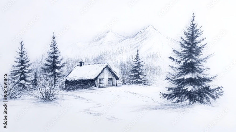 Sketch of a winter landscape with a small house and pine trees.
Sketch of a winter landscape with a small house and pine trees.