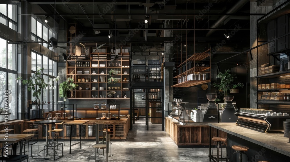 Dark-themed loft cafe interior with an open layout, displaying various coffee choices and providing a cozy atmosphere for enjoying a coffee shop setting Dark-themed loft cafe interior with an open layout, displaying various coffee choices and providing a cozy atmosphere for enjoying a coffee shop setting