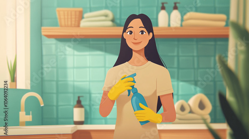 Smiling Woman Cleaning with Spray Bottle in Bathroom