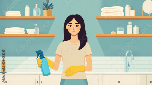 Woman Cleaning Bathroom with Spray Bottle and Gloves