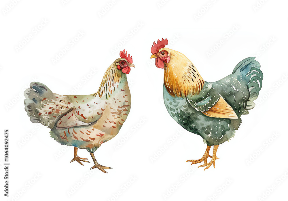 Fototapeta premium Watercolor illustration of a rooster and a hen standing together on a white background