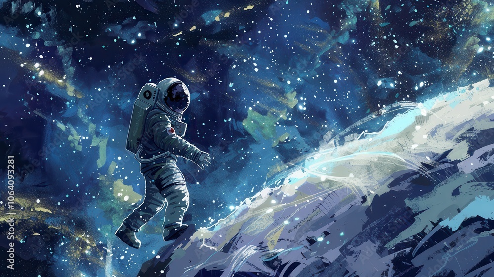 Fototapeta premium Digital artwork featuring an astronaut floating in space, marveling at Earth's splendor in the vast expanse of the universe