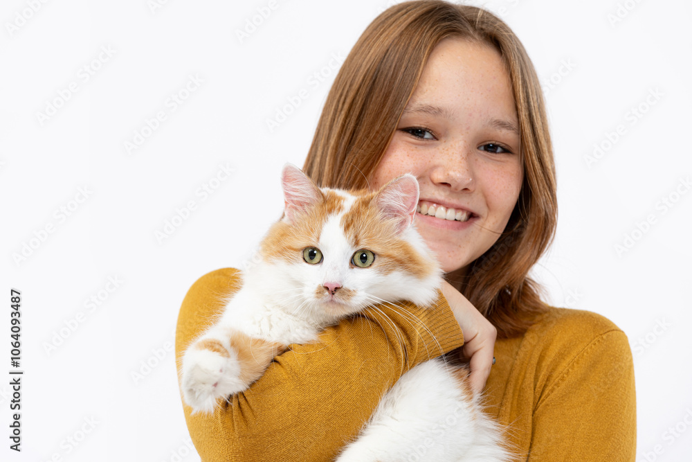 A Smiling Girl Joyfully Holding a Cute Cat While Wearing a Cozy Sweater in a Warm Atmosphere A Smiling Girl Joyfully Holding a Cute Cat While Wearing a Cozy Sweater in a Warm Atmosphere