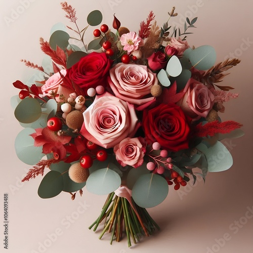 A bouquet of red and pink roses with berries and eucalyptus leaves photo