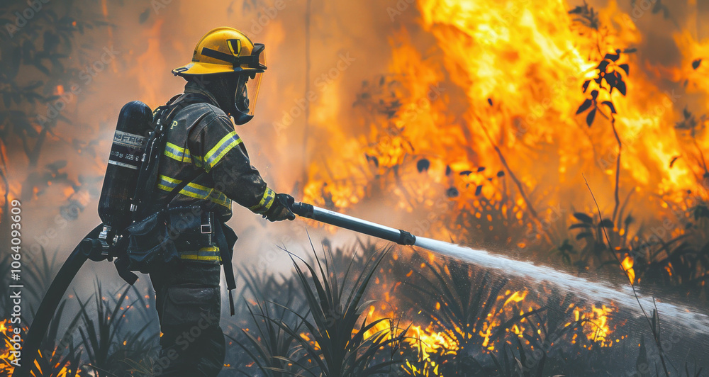 a firefighter standing in front of a wall of flames in a dense forest, holding a hose and wearing protective gear, showing the fight against nature wrath a firefighter standing in front of a wall of flames in a dense forest, holding a hose and wearing protective gear, showing the fight against nature wrath