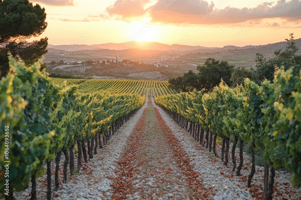 Naklejka premium Beautiful vineyard. Travel around Tuscany, Italy. Landscape of vineyards in the wine country of Tuscany, Italy at sunrise. The vineyards of Tuscany are home to Italy's most famous wines