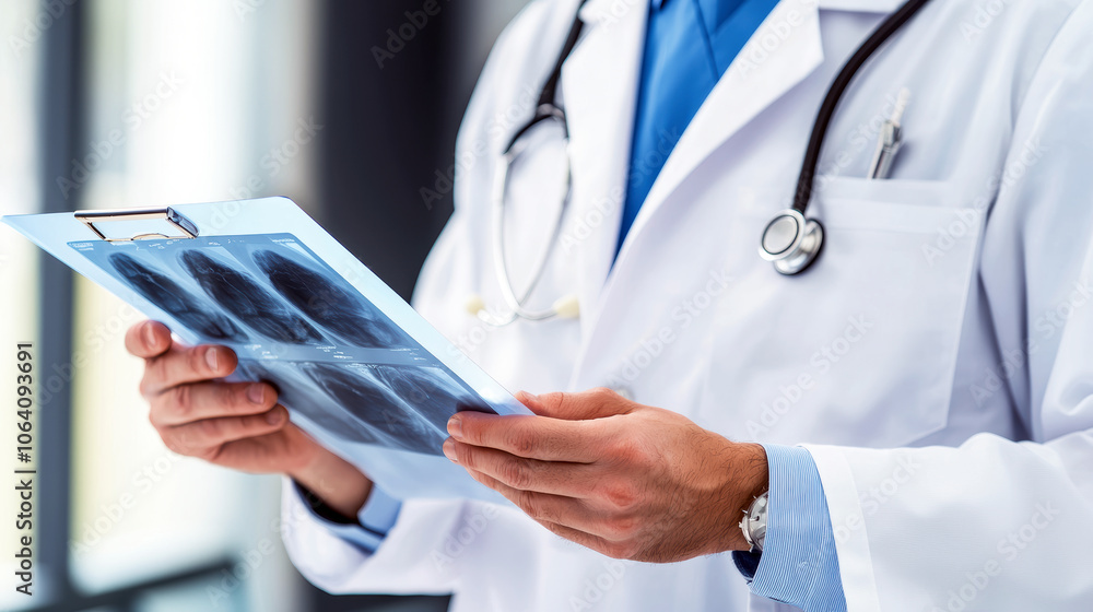 Doctor Examining X-ray Images in Hospital Setting Doctor Examining X-ray Images in Hospital Setting