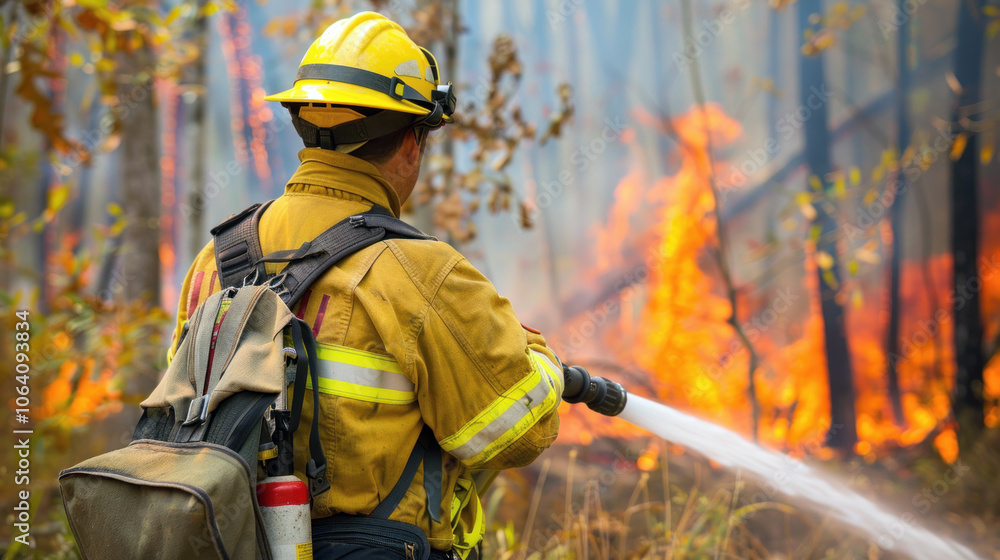 a firefighter standing in front of a wall of flames in a dense forest, holding a hose and wearing protective gear, showing the fight against nature wrath a firefighter standing in front of a wall of flames in a dense forest, holding a hose and wearing protective gear, showing the fight against nature wrath