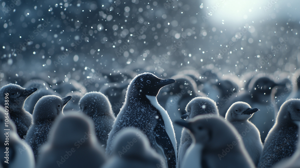 Obraz premium Penguin Colony Huddling for Warmth in Snowfall