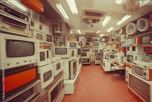 Interior of a 1970s electrical appliance store with retro devices and nostalgic ambiance