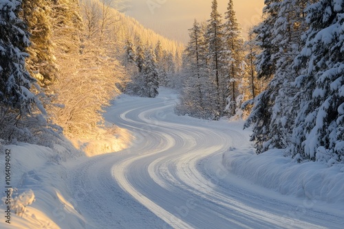 Serene sunset over a winding winter road surrounded by snow covered trees in the mountains