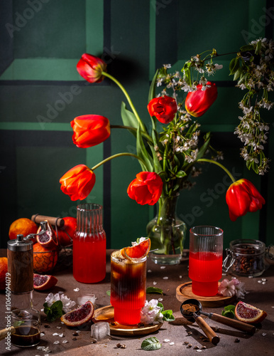 Refreshing iced coffee with blood orange and red tulips bouquet