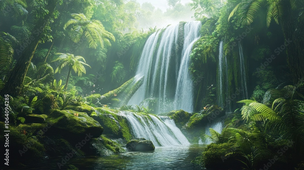 A cascading waterfall plunges into a lush, mist-shrouded jungle, creating a serene and mystical scene. A cascading waterfall plunges into a lush, mist-shrouded jungle, creating a serene and mystical scene.