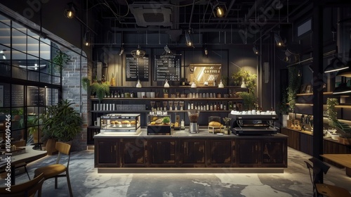 Wallpaper Mural Dark-themed loft cafe interior with an open layout, displaying various coffee choices and providing a cozy atmosphere for enjoying a coffee shop setting Torontodigital.ca