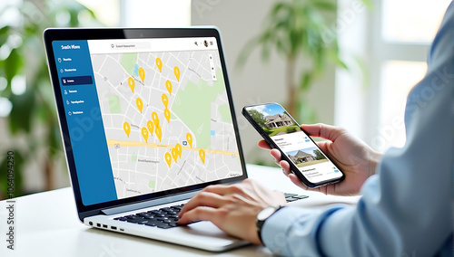 A man holding a phone with the map on it, and next to him is his laptop showing real estate images, smartphone with property listings, yellow location pins, modern workspace, house hunting