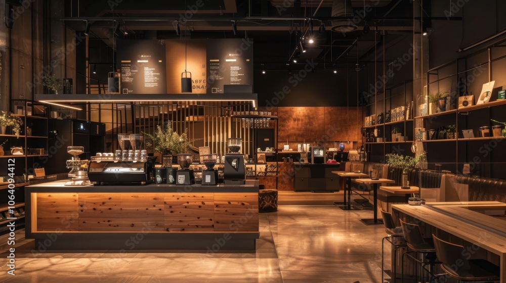Dark-themed loft cafe interior with an open layout, displaying various coffee choices and providing a cozy atmosphere for enjoying a coffee shop setting Dark-themed loft cafe interior with an open layout, displaying various coffee choices and providing a cozy atmosphere for enjoying a coffee shop setting