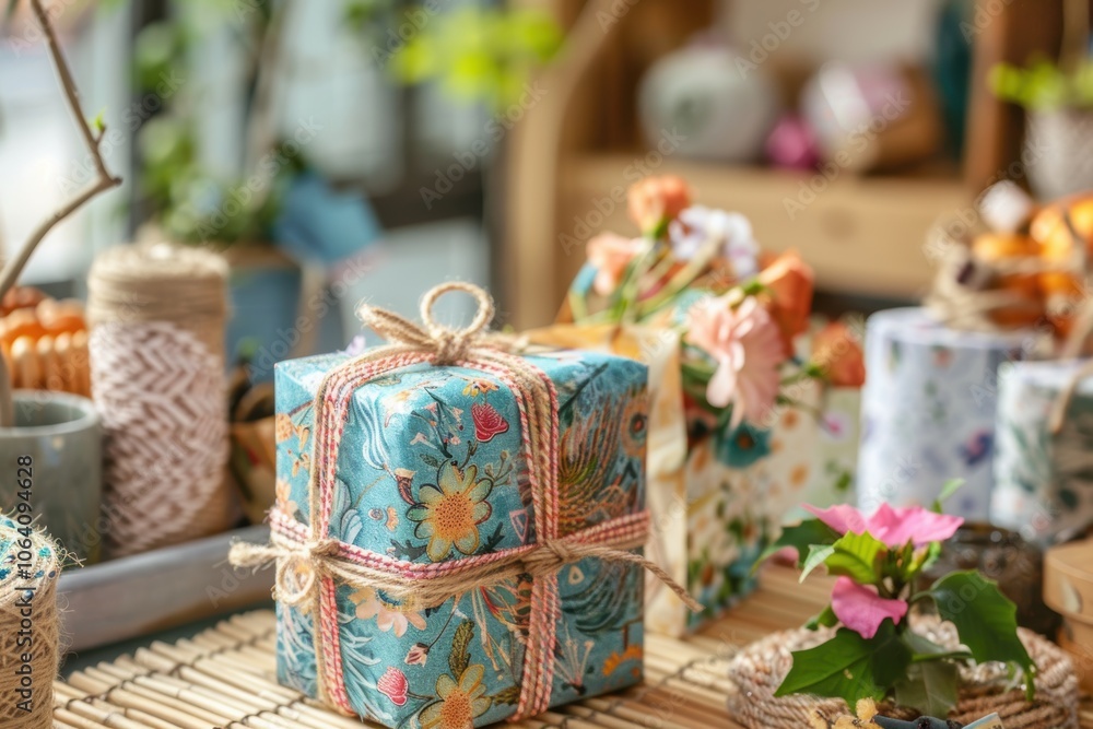 Eco-Friendly Birthday Gift Display with Recycled Paper and Twine Bow Eco-Friendly Birthday Gift Display with Recycled Paper and Twine Bow