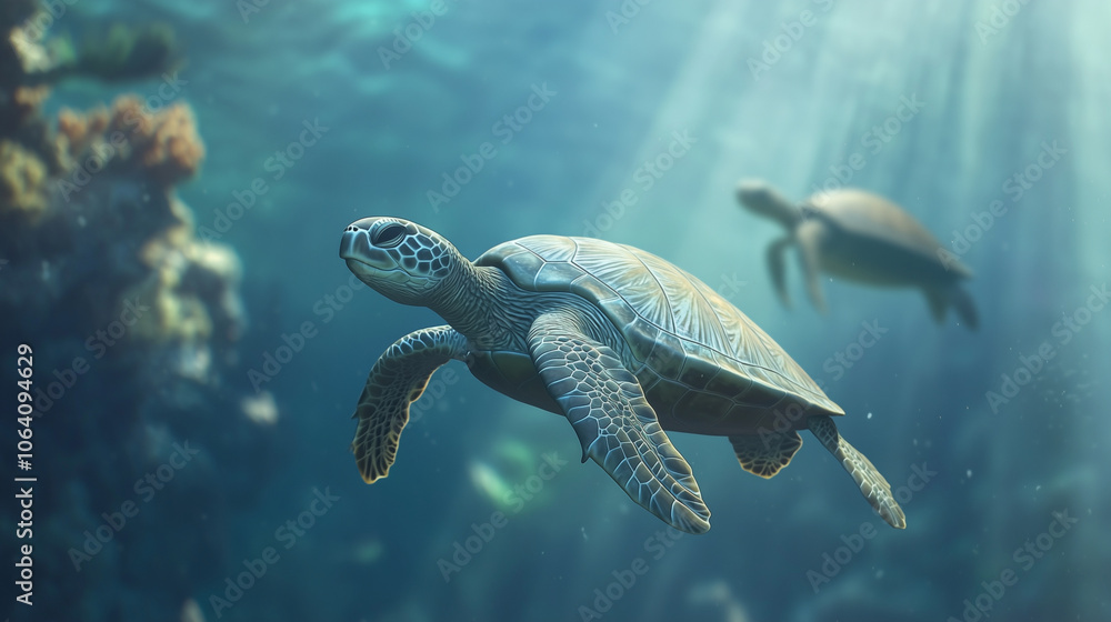 Fototapeta premium Sea Turtles Swimming Near Coral Reef with Tropical Fish
