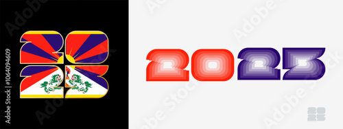 Year 2025 with flag of Tibet and in color palate of Tibet flag. Happy New Year 2025 in two different style.