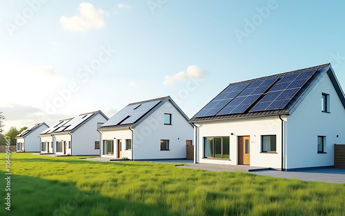 A row of modern townhouses with gray roofs and white walls, The focus is on one house clean architecture, white trim, dormer windows, eco-friendly neighborhood, solar panels on ro