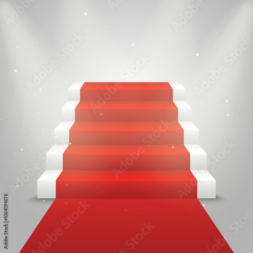 White stairs and red carpet with lights on grey background. Pedestal with red carpet.
