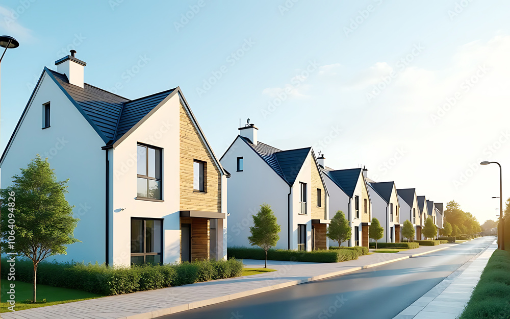 A row of modern townhouses with gray roofs and white walls, The focus is on one house clean architecture, white trim, dormer windows, eco-friendly neighborhood, solar panels on ro A row of modern townhouses with gray roofs and white walls, The focus is on one house clean architecture, white trim, dormer windows, eco-friendly neighborhood, solar panels on ro