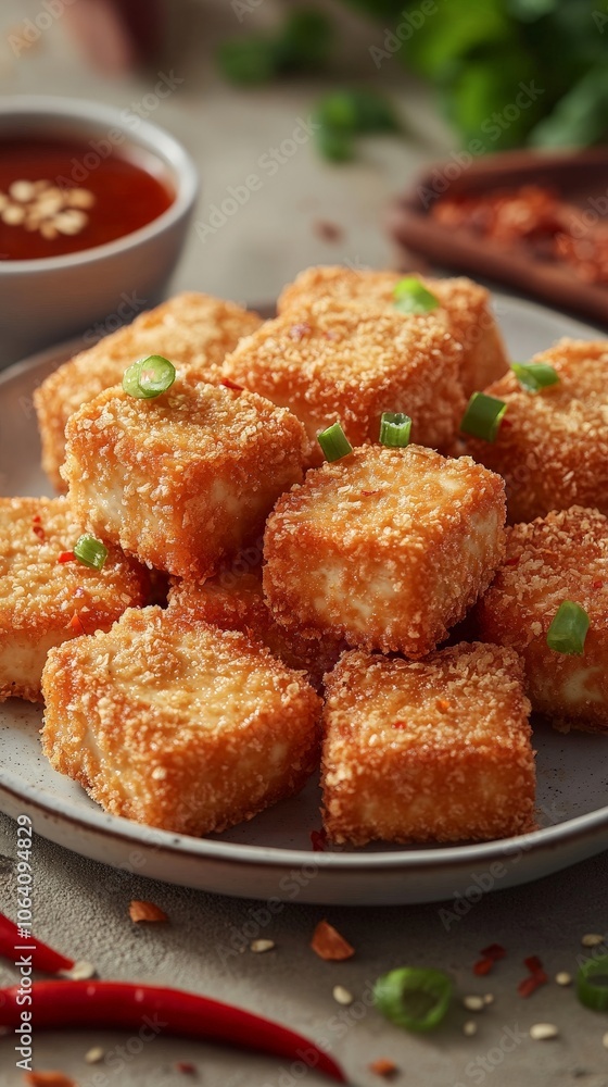Crispy Fried Tofu Cubes with Sauce and Garnish Crispy Fried Tofu Cubes with Sauce and Garnish