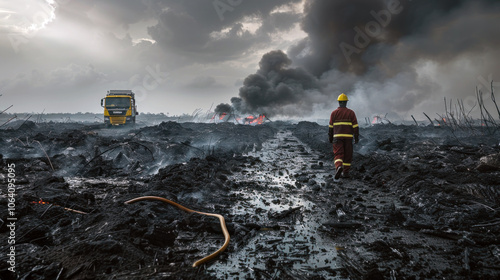 firefighter assessing a smoldering landscape after the wildfire has passed photo