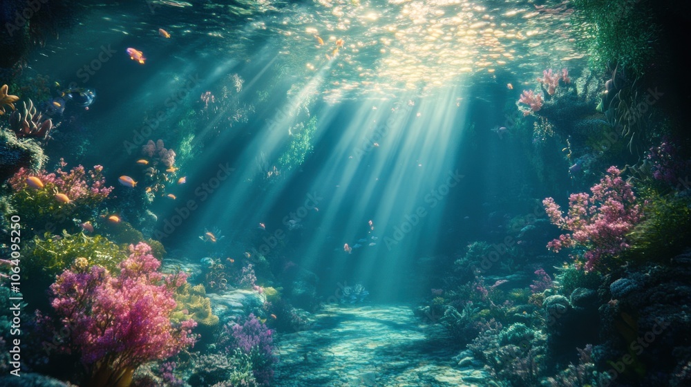 Fototapeta premium Sunbeams illuminate a vibrant underwater coral reef teeming with colorful fish.