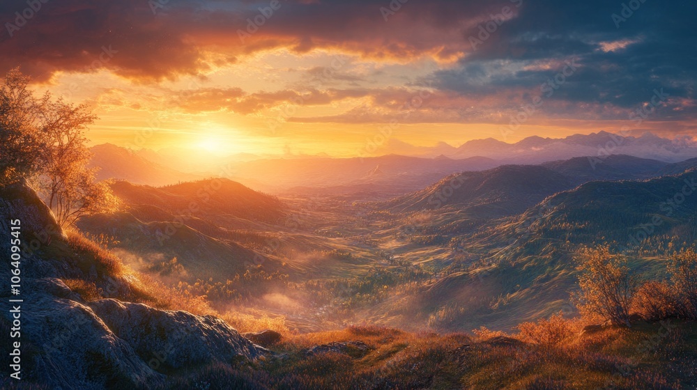 A breathtaking sunset over a mountain range, with the sun casting golden light on the landscape. A breathtaking sunset over a mountain range, with the sun casting golden light on the landscape.