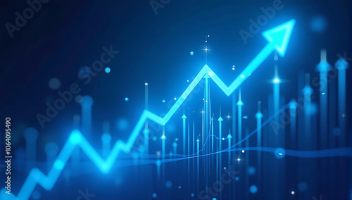 A blue background with arrows pointing upwards or business success in the financial industry graph show upward trends, ascending line graph, holographic arrows, cryptocurrency market trends