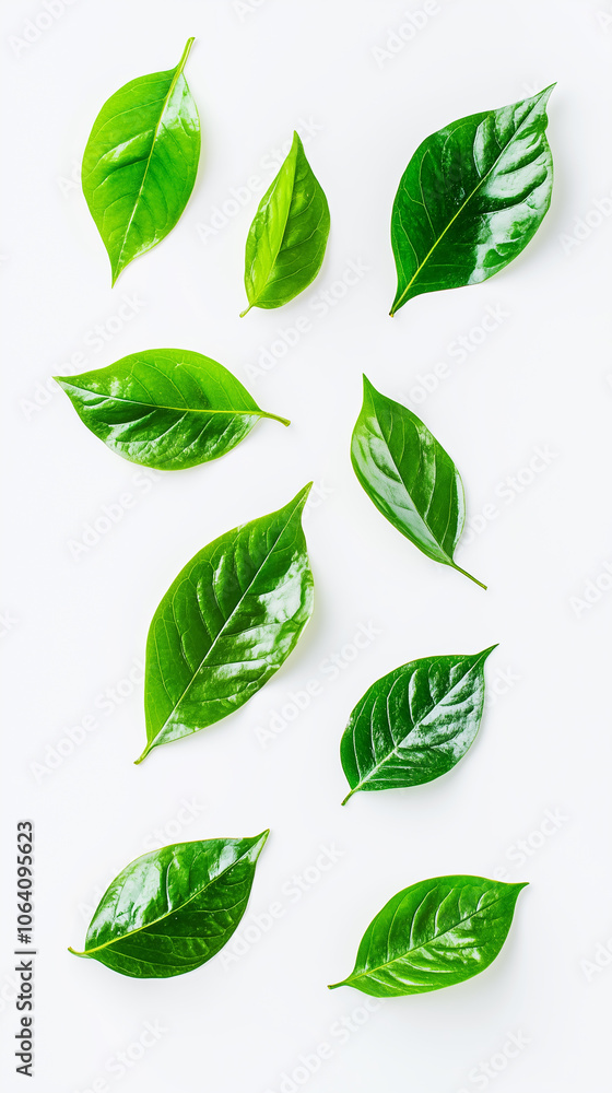 pattern created by the arrangement of green leaves against a clean white background. pattern created by the arrangement of green leaves against a clean white background.