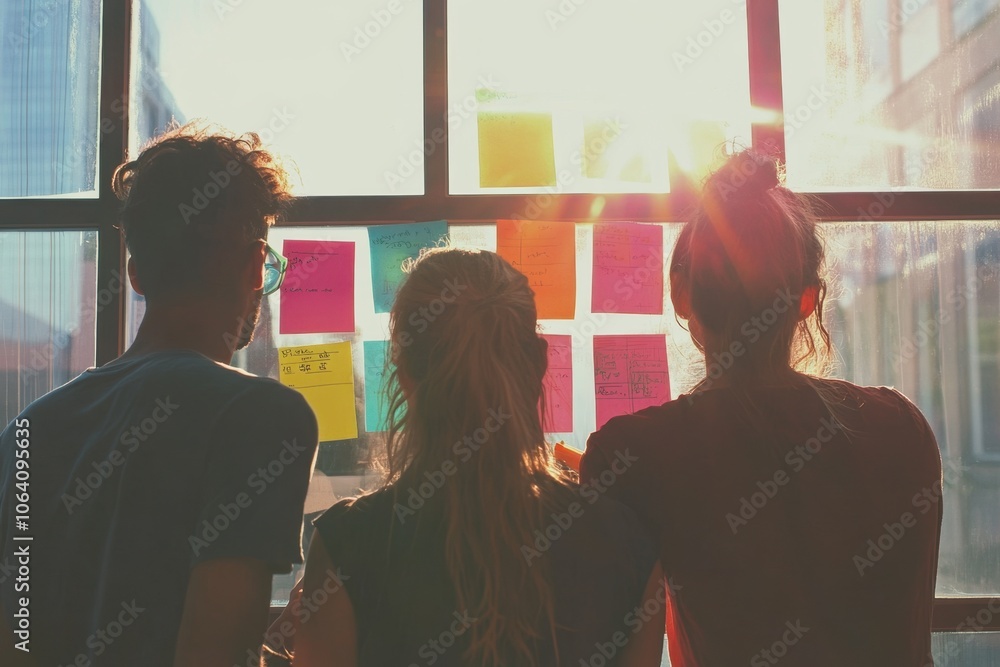 Three people standing in front of a glass wall, looking at colorful sticky notes on it and writing something down with markers Generative AI Three people standing in front of a glass wall, looking at colorful sticky notes on it and writing something down with markers Generative AI