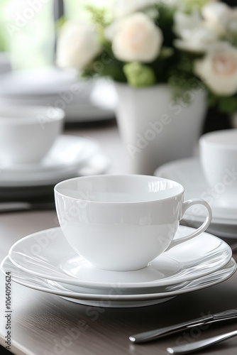 A sophisticated and elegant table setting featuring pristine white porcelain dinnerware.