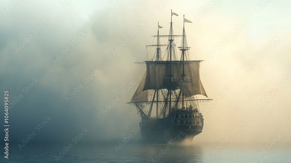 Fototapeta premium A majestic sailing ship emerges from the mist on a calm sea.