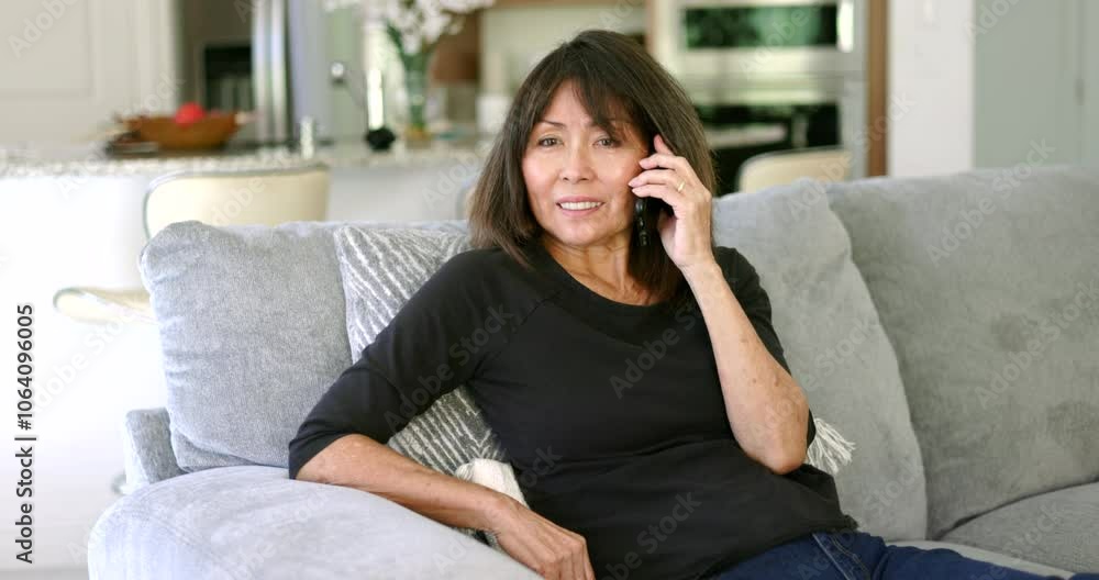 Woman enjoying talking on smartphone relaxing sitting on home sofa. Woman enjoying talking on smartphone relaxing sitting on home sofa.