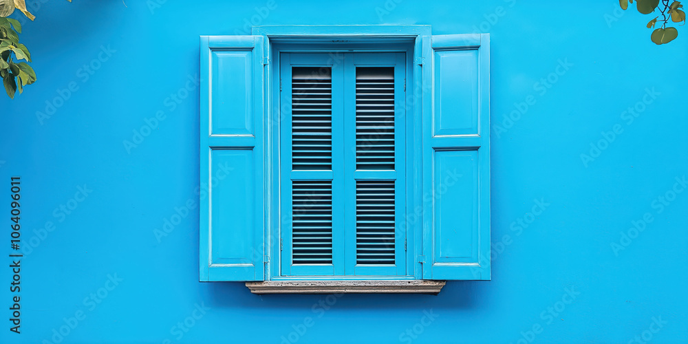 Vibrant blue shuttered window on colorful wall with foliage accents Vibrant blue shuttered window on colorful wall with foliage accents