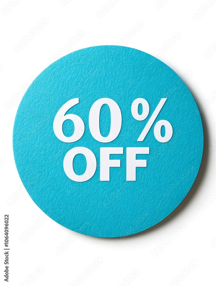 White '60% OFF' Text on a Turquoise Round Paper Note. White Background White '60% OFF' Text on a Turquoise Round Paper Note. White Background
