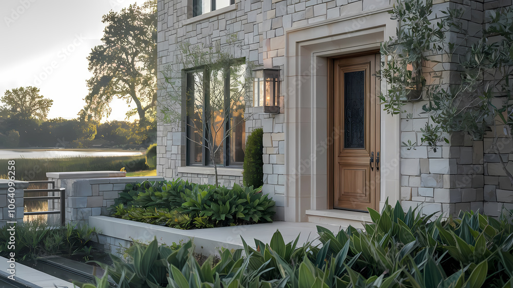 Elegant stone house entrance featuring a wooden door, large windows, and lush greenery, set against a serene lakeside backdrop during sunset. Perfect for home exterior inspiration. Elegant stone house entrance featuring a wooden door, large windows, and lush greenery, set against a serene lakeside backdrop during sunset. Perfect for home exterior inspiration.