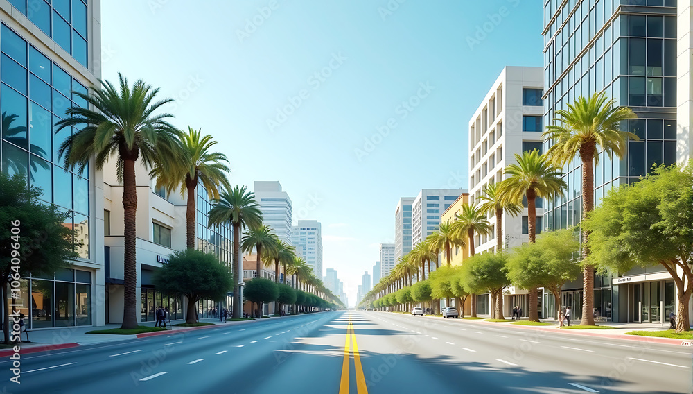 a street in Santa Monica, California, with modern buildings and palm trees on the right side of an empty road, clear blue sky, California, Santa Monica, downtown, Los Angeles, sunny day a street in Santa Monica, California, with modern buildings and palm trees on the right side of an empty road, clear blue sky, California, Santa Monica, downtown, Los Angeles, sunny day