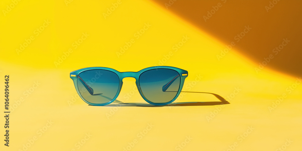 Blue sunglasses on vibrant yellow background with stylish shadow Blue sunglasses on vibrant yellow background with stylish shadow