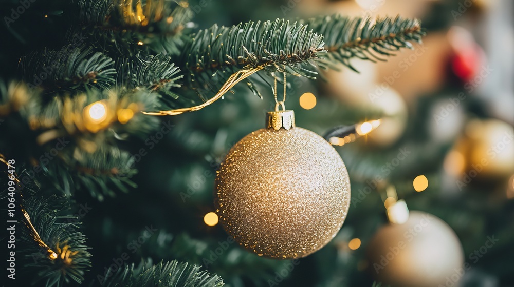 The Christmas tree has thick branches with a gold garland wrapped around them. The Christmas tree has thick branches with a gold garland wrapped around them.