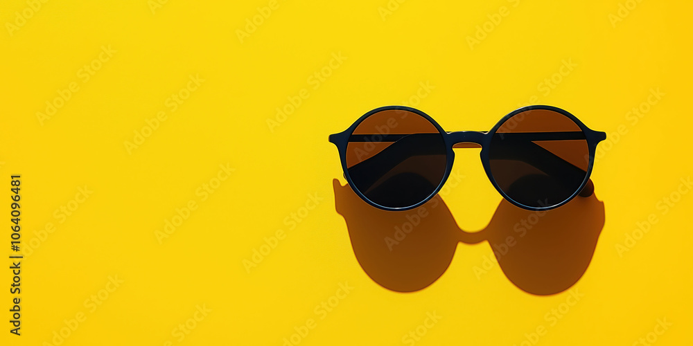 Minimalist round sunglasses on vibrant yellow background with dramatic shadows Minimalist round sunglasses on vibrant yellow background with dramatic shadows