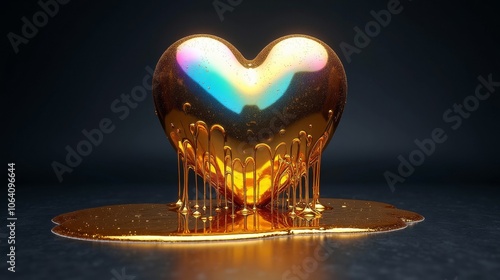 A heart-shaped sculpture with metallic gold and iridescent colors melting and dripping onto a dark reflective surface, creating a striking effect.
