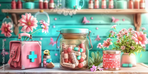 Wallpaper Mural A modern first aid kit sealed in an amber glass jar, resting on a rustic wooden shelf. Torontodigital.ca