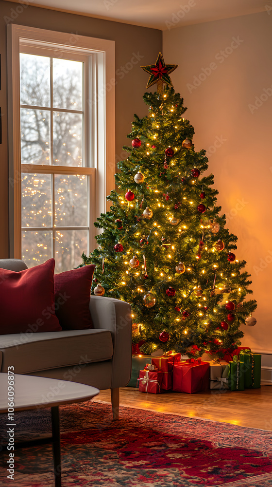 A beautifully decorated Christmas tree stands in a cozy living room, adorned with lights and ornaments, while presents are arranged underneath, creating a festive atmosphere. A beautifully decorated Christmas tree stands in a cozy living room, adorned with lights and ornaments, while presents are arranged underneath, creating a festive atmosphere.